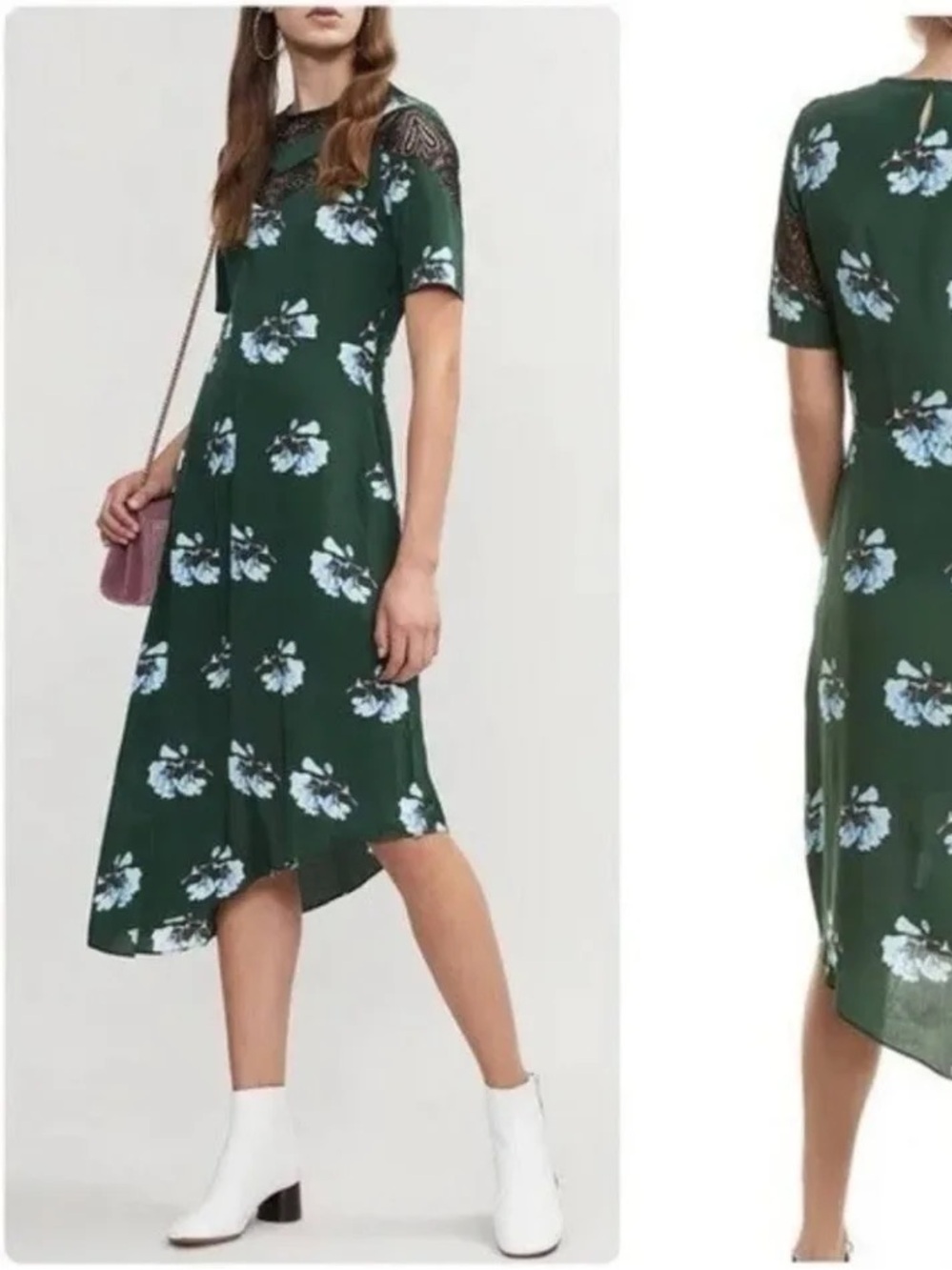 Maje Dark Green Floral Dress with Black Crochet Yoke